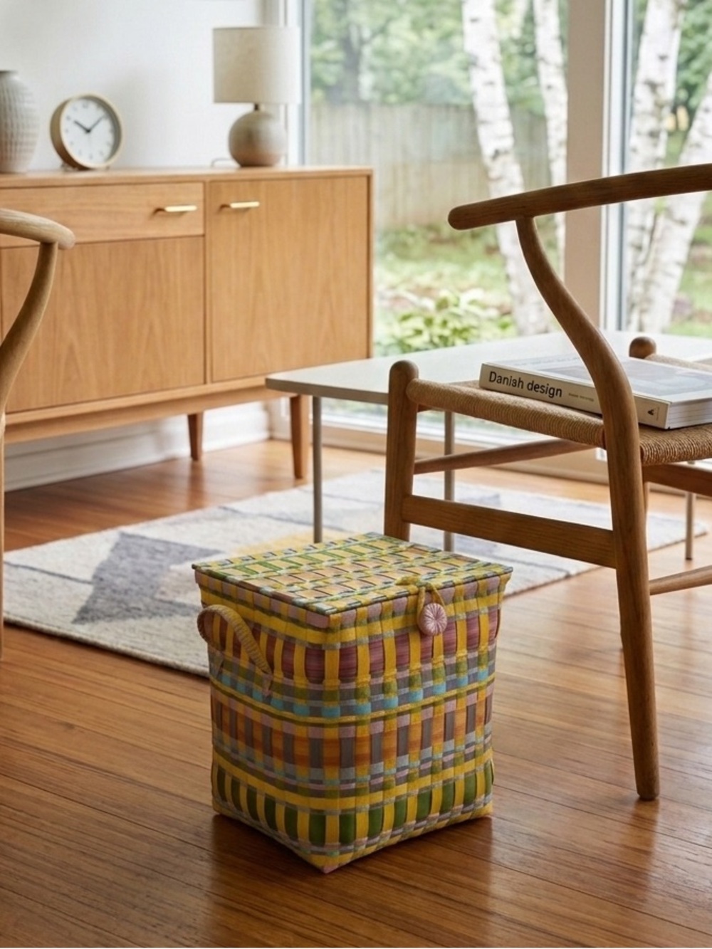 Vintage Scandinavian Modern Woven Plastic Storage Basket with Lid c. 1960s–1970s